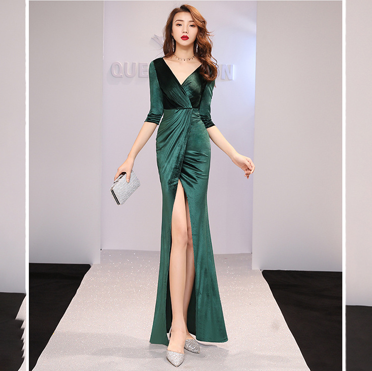 1553# Fashion velvet deep V backless sexy woman evening prom bridesmaid dress prom dress