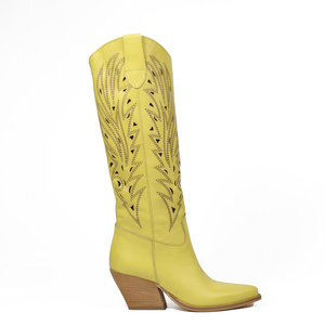 Kali Shoes Women's Handcrafted Italian Leather Maui Giallo Texan Knee-High Cowgirl Boots in Laser Cut White Costumizable colors