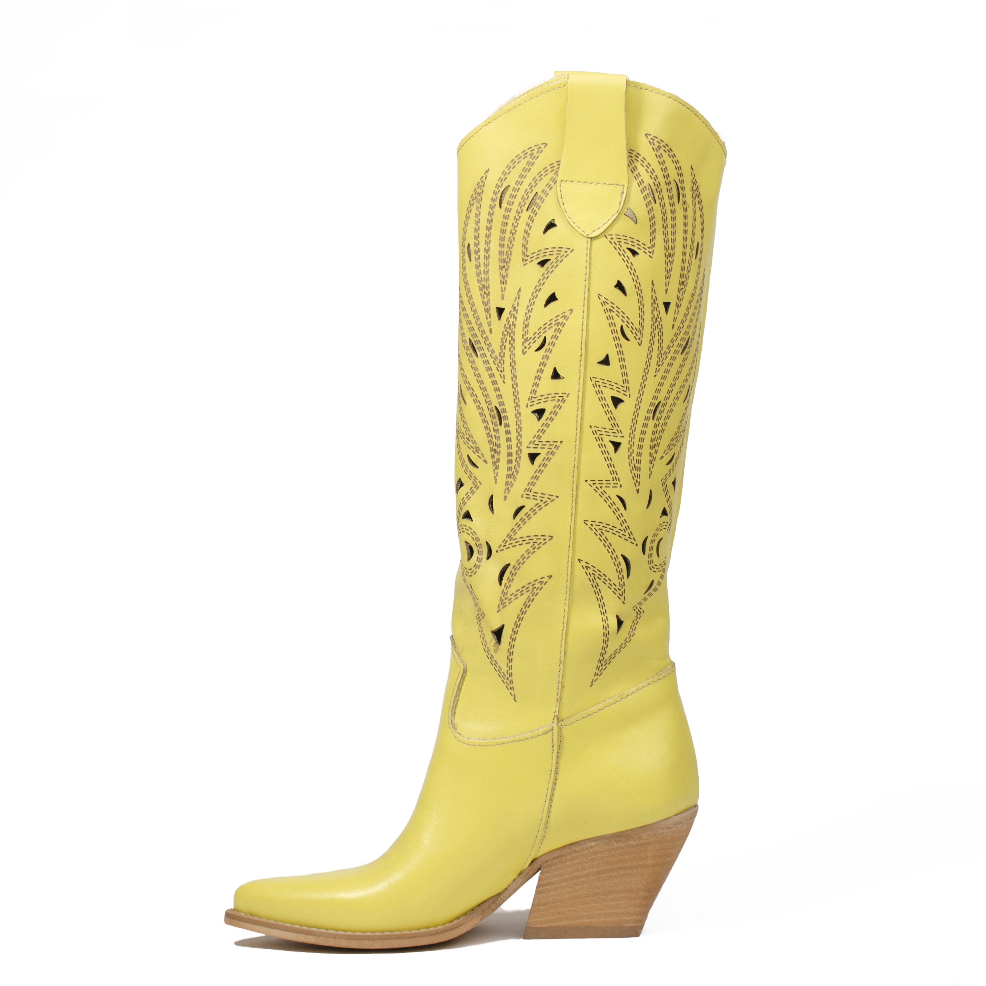 Kali Shoes Women's Handcrafted Italian Leather Maui Giallo Texan Knee-High Cowgirl Boots in Laser Cut White Costumizable colors