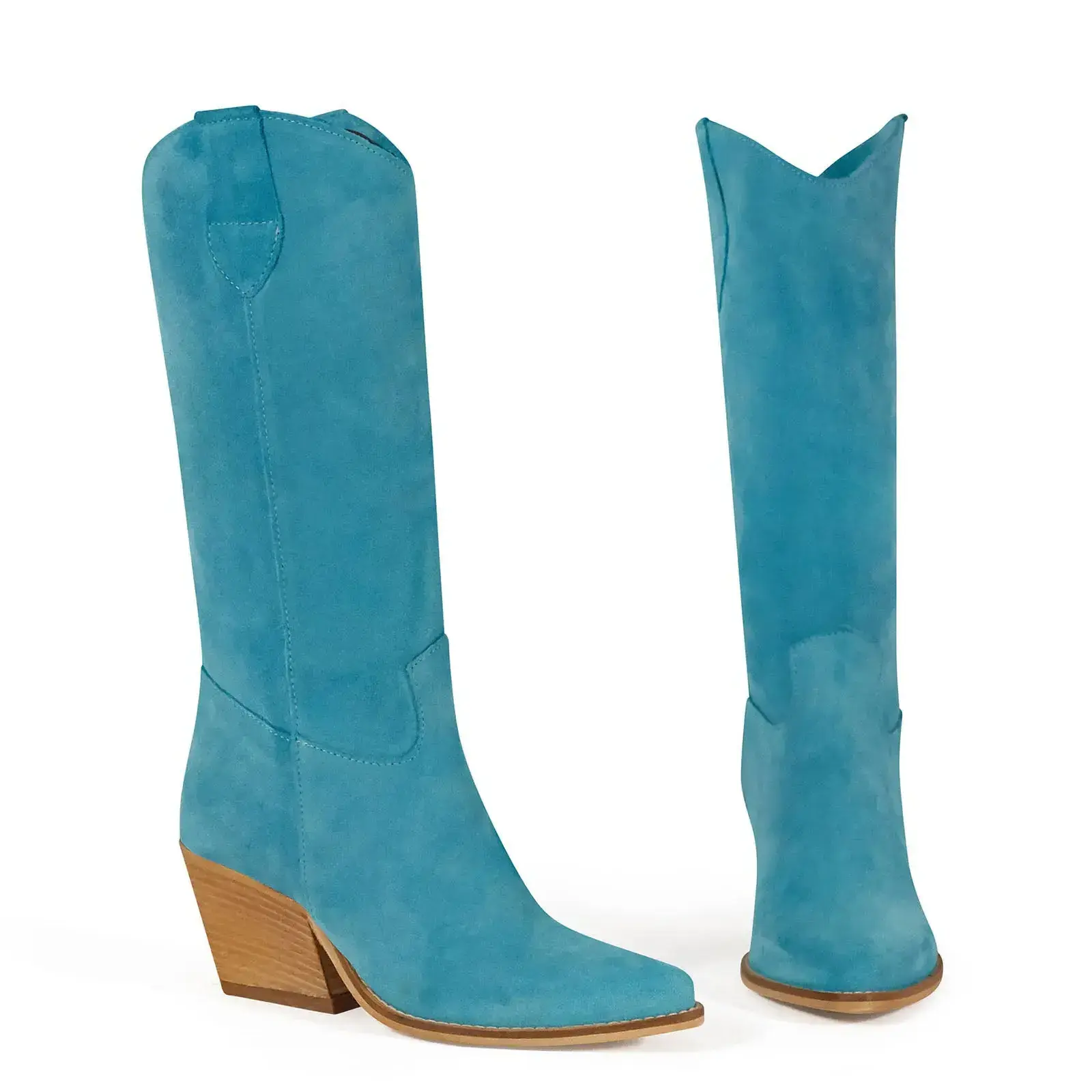 Handcrafted Made in Italy Women's Mid-Calf Turquoise Suede Cowboy Boots - Kali Shoes Noa, Customizable Color and Material