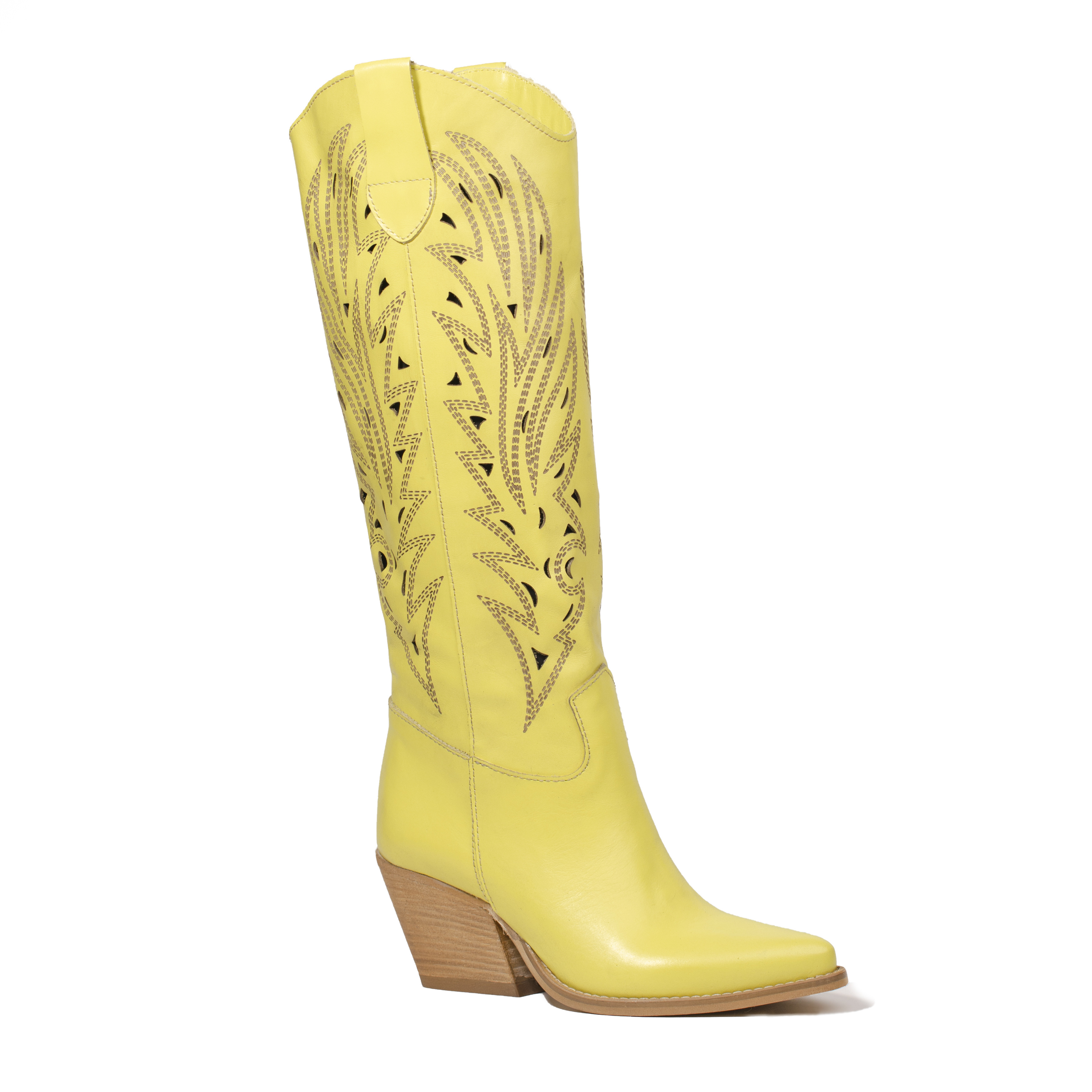 Kali Shoes Women's Handcrafted Italian Leather Maui Giallo Texan Knee-High Cowgirl Boots in Laser Cut White Costumizable colors