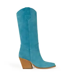 Handcrafted Made in Italy Women's Mid-Calf Turquoise Suede Cowboy Boots - Kali Shoes Noa, Customizable Color and Material