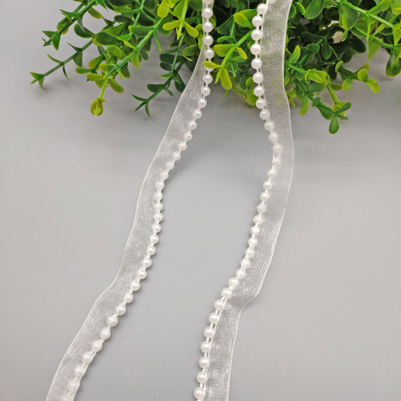 Width 12 mm Organza Ribbon Beaded Lace trim white pearl polyester tape for women dress cuff DIY shoes hat