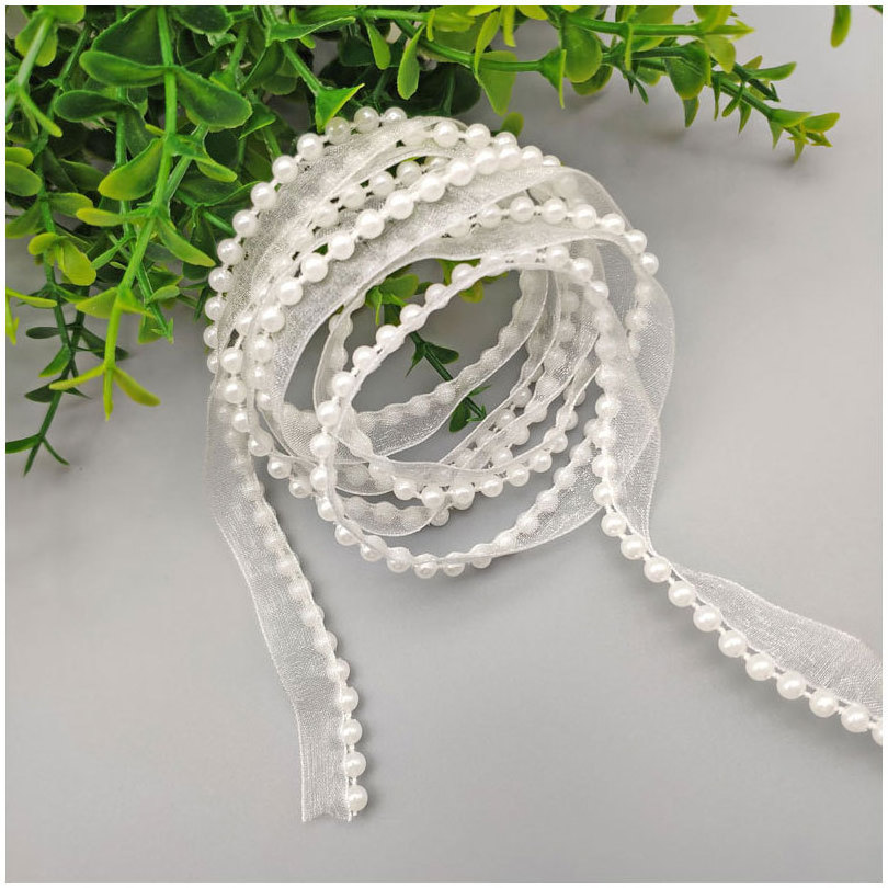 Width 12 mm Organza Ribbon Beaded Lace trim white pearl polyester tape for women dress cuff DIY shoes hat