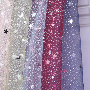 Width 150 cm Polyester Sequins beads Tulle Mesh Fabric Stars Moons Blanking gilding embroidery net fabric for bridal dress veil