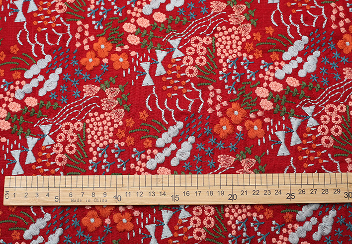 Width 125 cm Colorful handmade embroidery plant flowers fabric Bamboo Cotton Linen Rayon Fabric for cheongsam dress bag