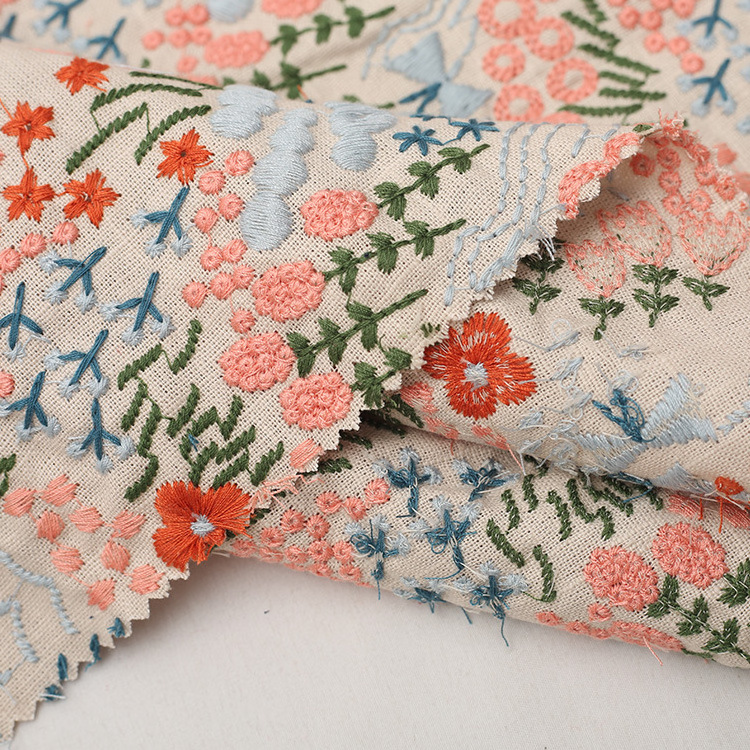 Width 125 cm Colorful handmade embroidery plant flowers fabric Bamboo Cotton Linen Rayon Fabric for cheongsam dress bag