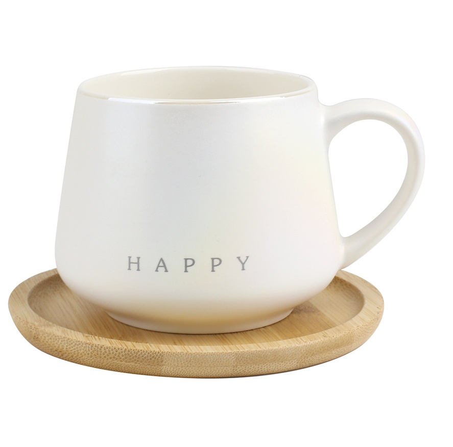 Kalring wholesale Ceramic Pearl Glaze Double Mould Mug coffee cup with Bamboo Saucer