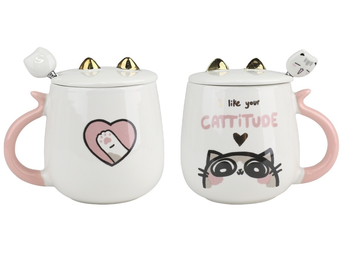 Kalring Wholesaler Colox Box Packing  Ceramic  Cat coffee Mug with Steel Spoon and Lid