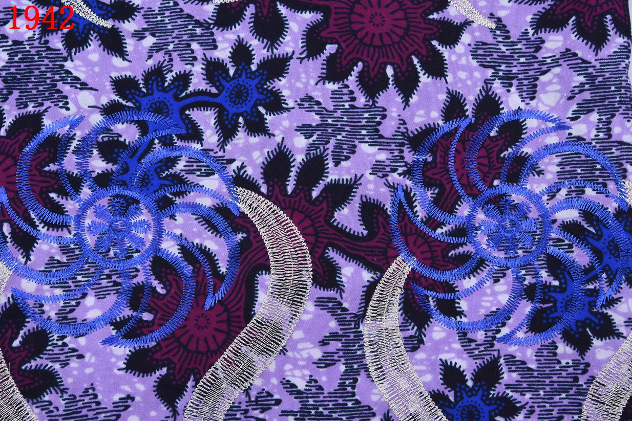 Wholesale Ankara Print Embroidered Wax Lace Hot Sale African Ankara Fabric With Stones Embroidery Chemical Wax Fabric 1942