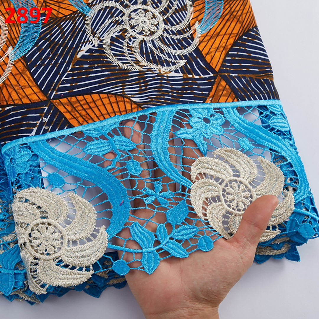 2897 High Quality Ankara Print Embroidered Wax Lace Hot Sale African Ankara Fabric With Stones Embroidery Chemical Wax Fabric