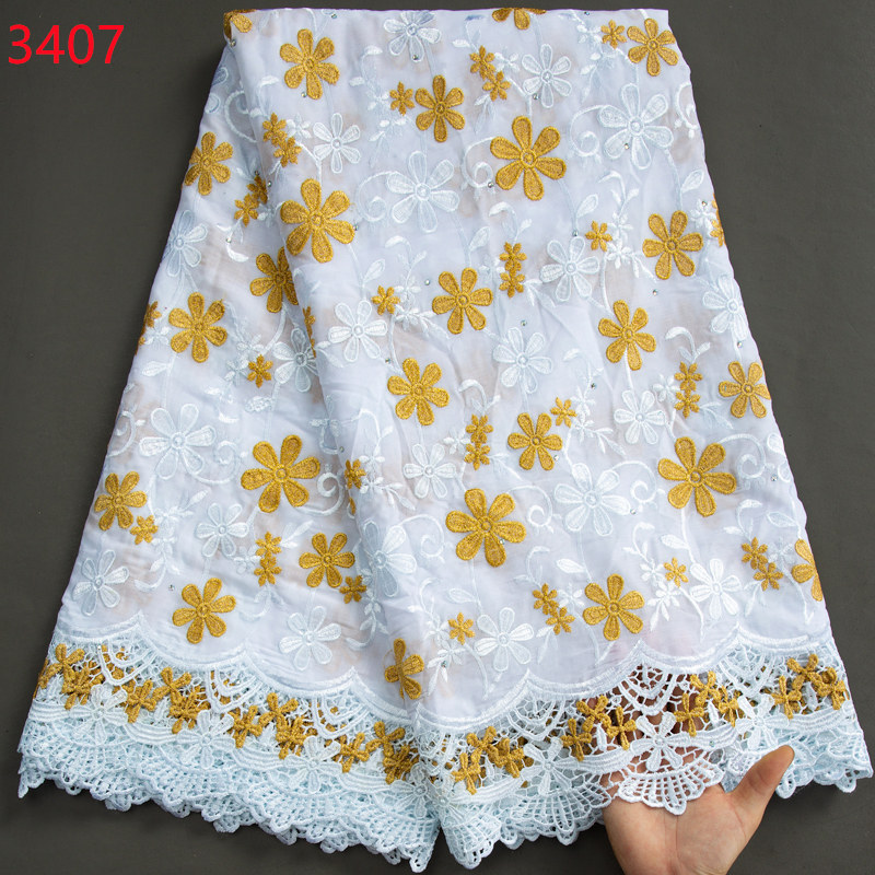 3407 Lafaya African Cotton Embroidery Dry Lace 2023 High Quality Swiss Voile Lace with Stones for Women Wedding Party Dresses