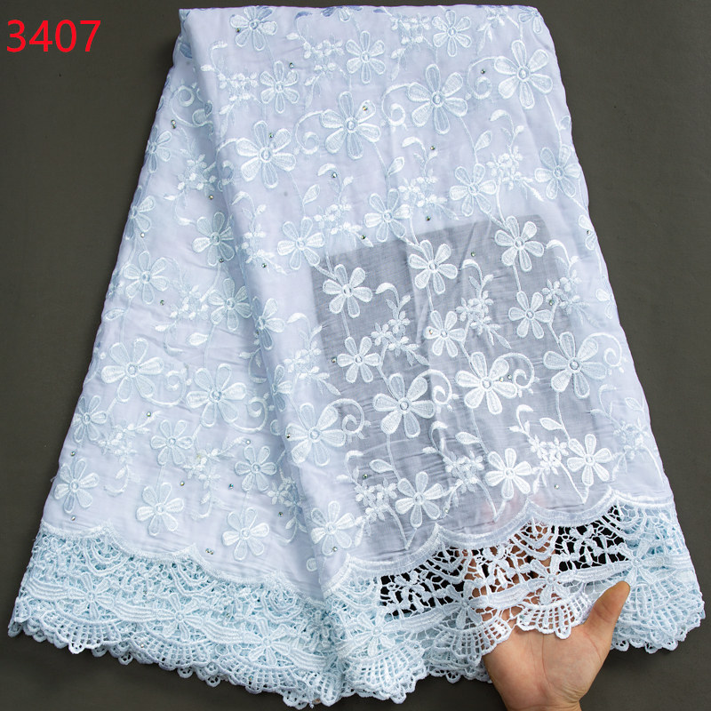 3407 Lafaya African Cotton Embroidery Dry Lace 2023 High Quality Swiss Voile Lace with Stones for Women Wedding Party Dresses