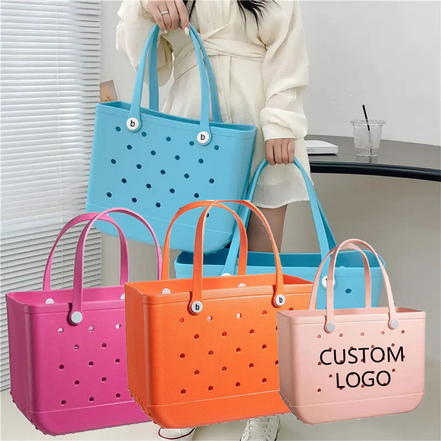 2023 New design fashionable Camping beach bogg Waterproof Tote Bags Custom Summer Eva Handbag Silicone Bag With Holes