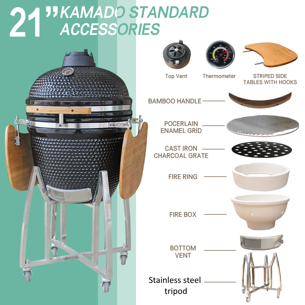 Wholesale 21-Inch Kamado Ceramic Outdoor Kitchen BBQ Grill Portable Charcoal Stove Fire Starter Pizza Peel Chicken Shredder