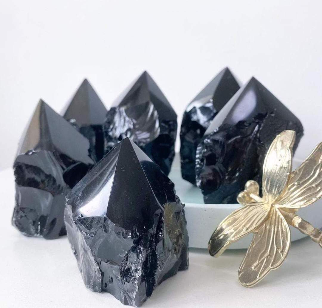 Wholesale Natural Stone Black Obsidian Top Polished Point With Rough Base Black Obsidian Point and Tower for Decoration