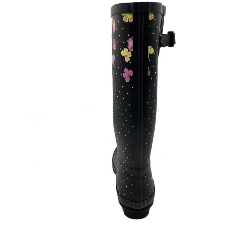 Trendy Best Floral Pattern Calf Widen Black Rubber Waterproof Wellies Rain Boots For Women Rubber