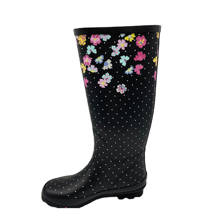 Trendy Best Floral Pattern Calf Widen Black Rubber Waterproof Wellies Rain Boots For Women Rubber