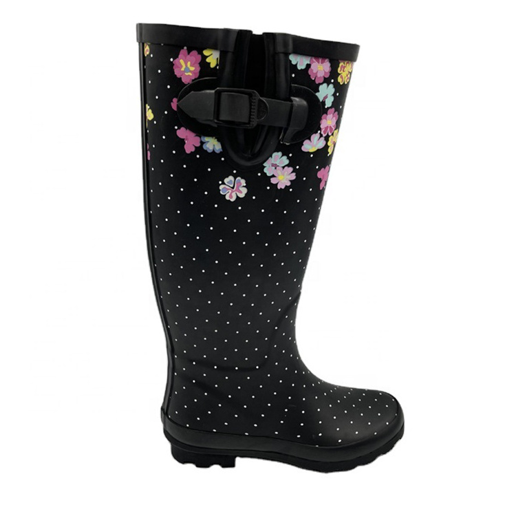 Trendy Best Floral Pattern Calf Widen Black Rubber Waterproof Wellies Rain Boots For Women Rubber