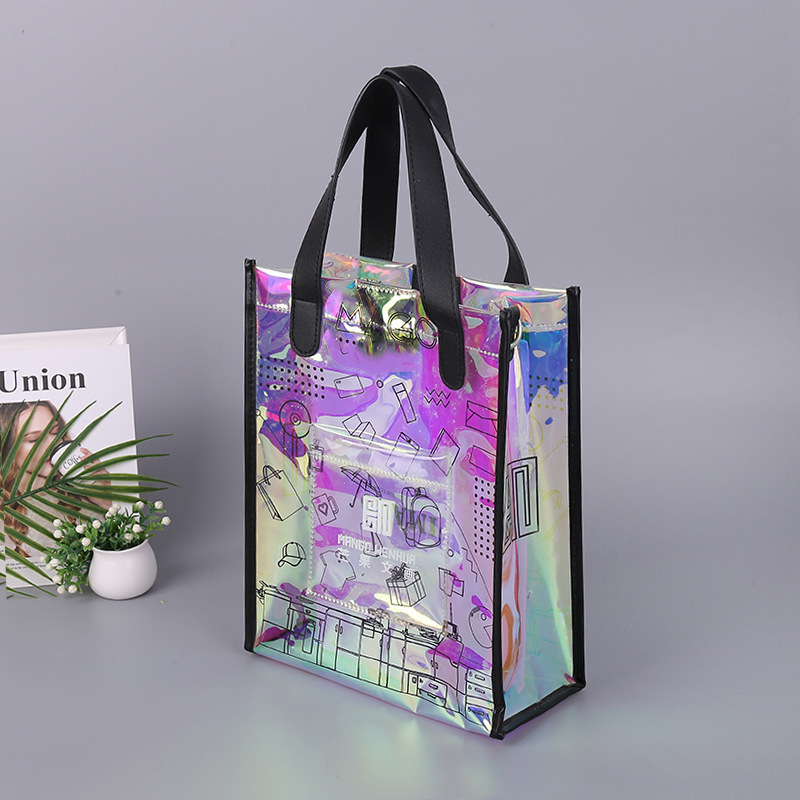 Wholesale customization holographic pvc fabric shopping garment transparent gift flower storage tote bag