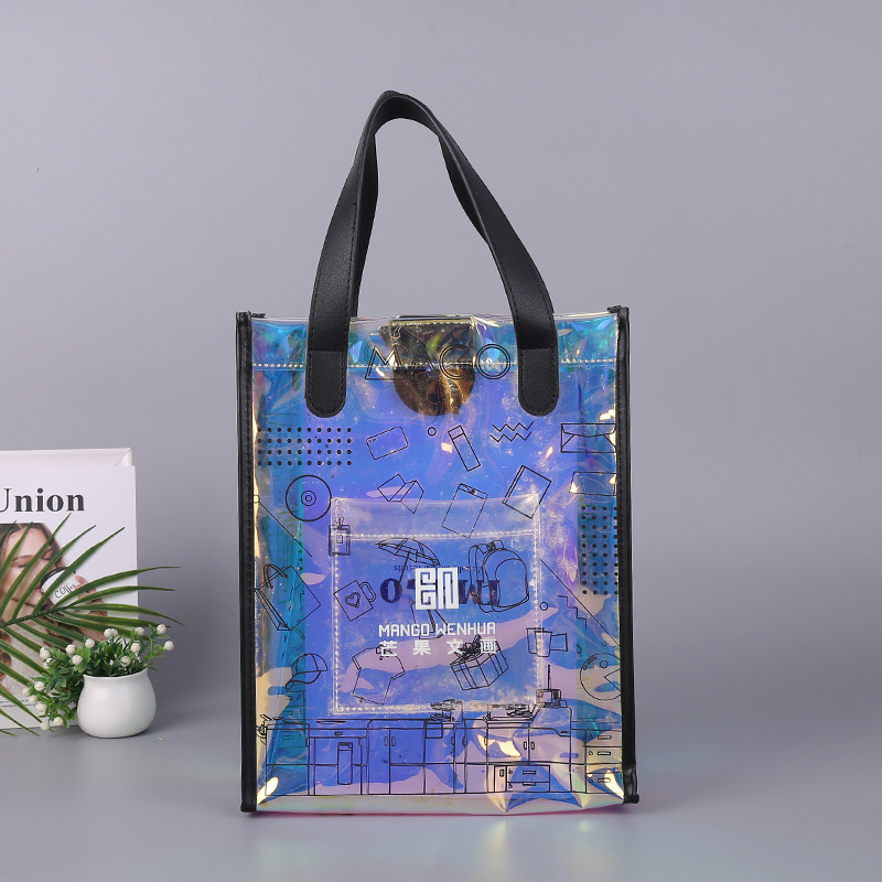 Wholesale customization holographic pvc fabric shopping garment transparent gift flower storage tote bag