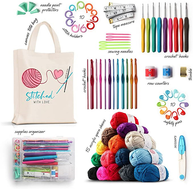 73 Pcs Crochet Kit with Crochet Hooks Yarn Set Premium Bundle Includes Yarn Balls, Needles, Accessories Kit, Canvas Tote Bag