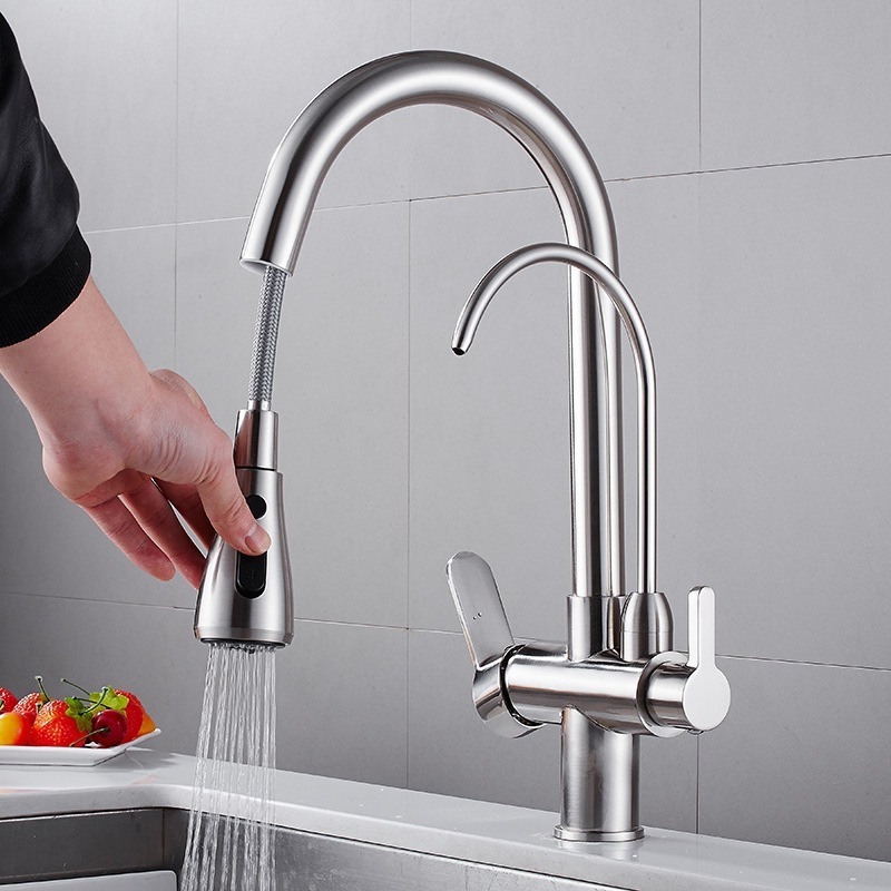 Matte Black Three In One Water Filter Hot And Cold Rotating Double Outlet Kitchen Faucet for Kitchenroom