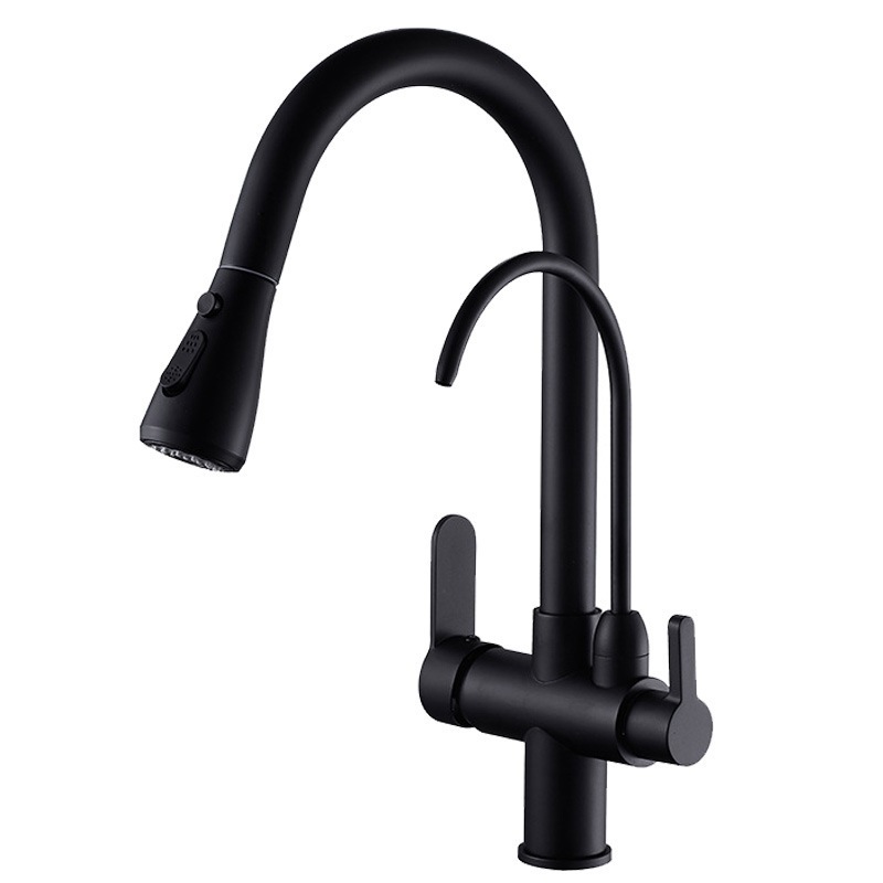 Matte Black Three In One Water Filter Hot And Cold Rotating Double Outlet Kitchen Faucet for Kitchenroom