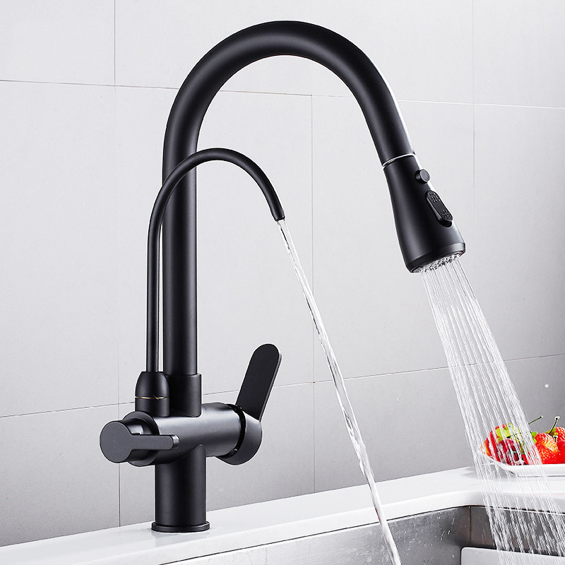 Matte Black Three In One Water Filter Hot And Cold Rotating Double Outlet Kitchen Faucet for Kitchenroom