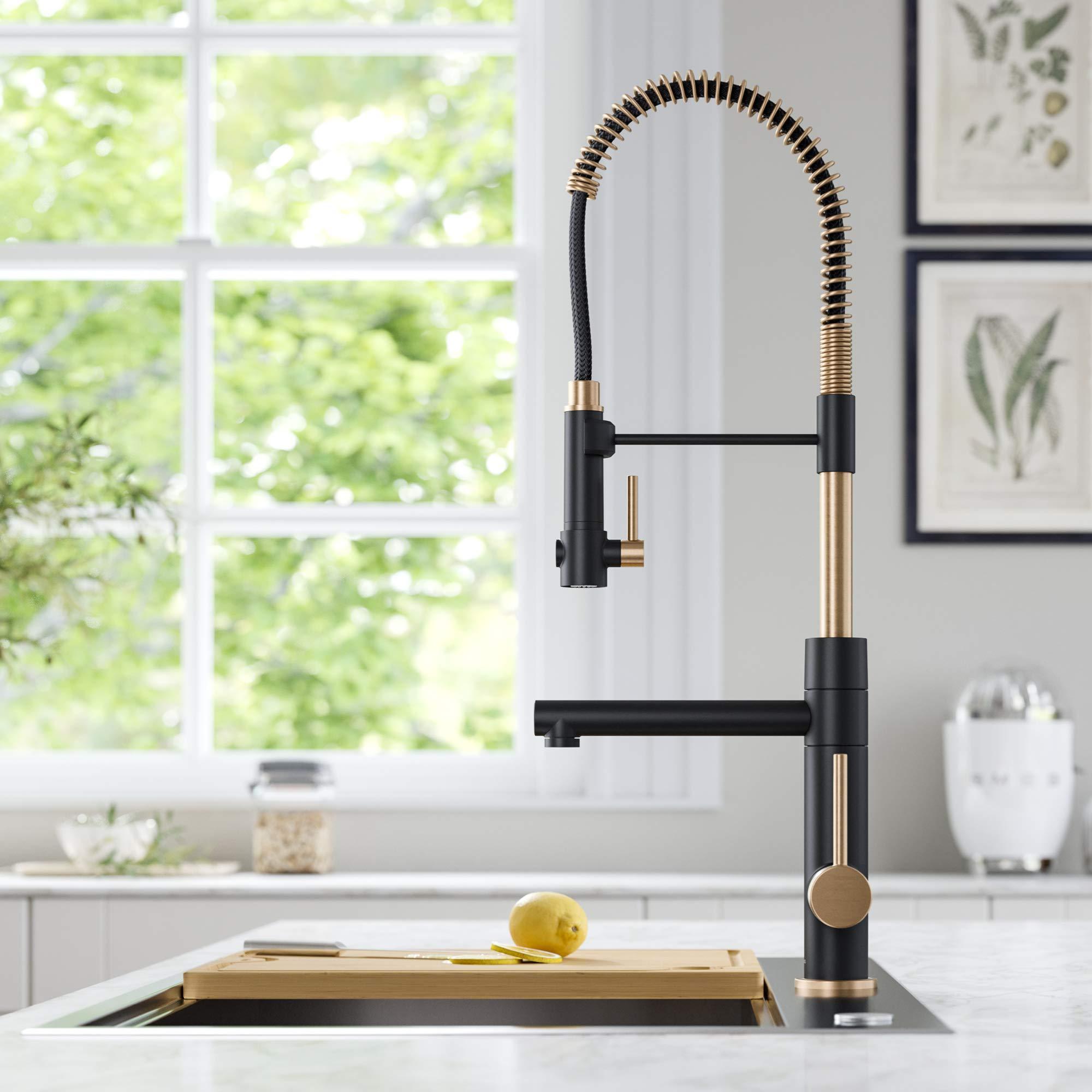 Luxury Design High Arc Deck Mounted 304 Stainless Steel Black&Gold Pull Out Sprayer UPC Big Kitchen Faucet Two Lever