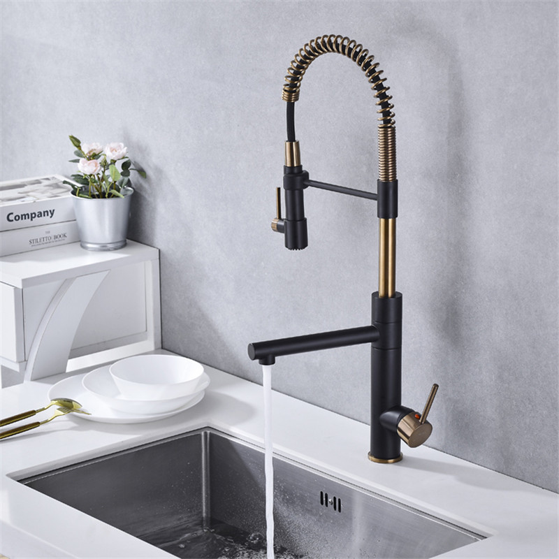 Luxury Design High Arc Deck Mounted 304 Stainless Steel Black&Gold Pull Out Sprayer UPC Big Kitchen Faucet Two Lever