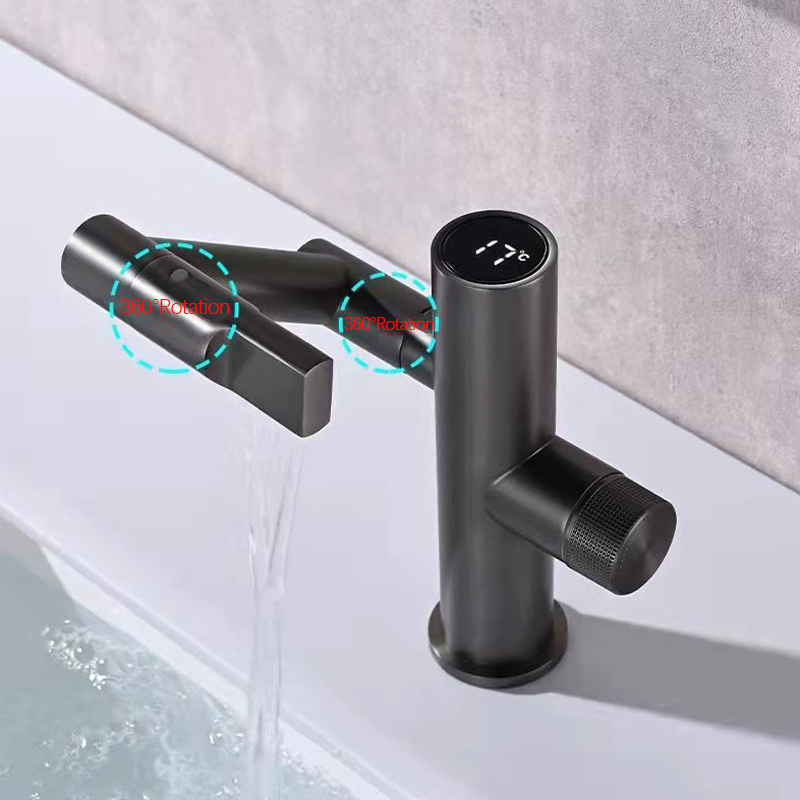 Gun Metal Grey Tall Single Water Power Led Digital Display Temperature Universal Swing 4 Inch Basin Faucet