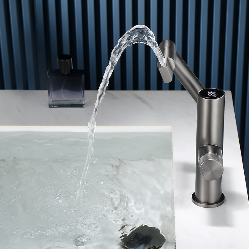 Gun Metal Grey Tall Single Water Power Led Digital Display Temperature Universal Swing 4 Inch Basin Faucet