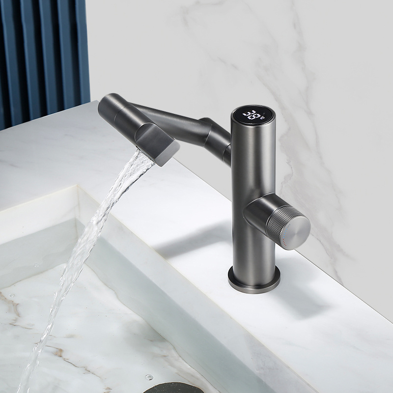 Gun Metal Grey Tall Single Water Power Led Digital Display Temperature Universal Swing 4 Inch Basin Faucet