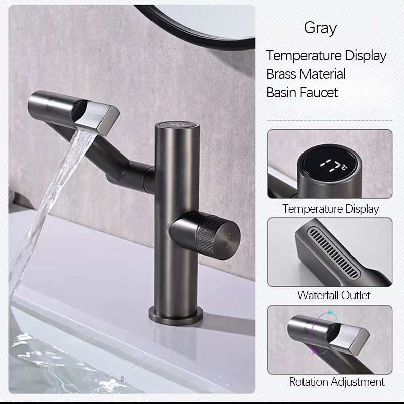 Gun Metal Grey Tall Single Water Power Led Digital Display Temperature Universal Swing 4 Inch Basin Faucet