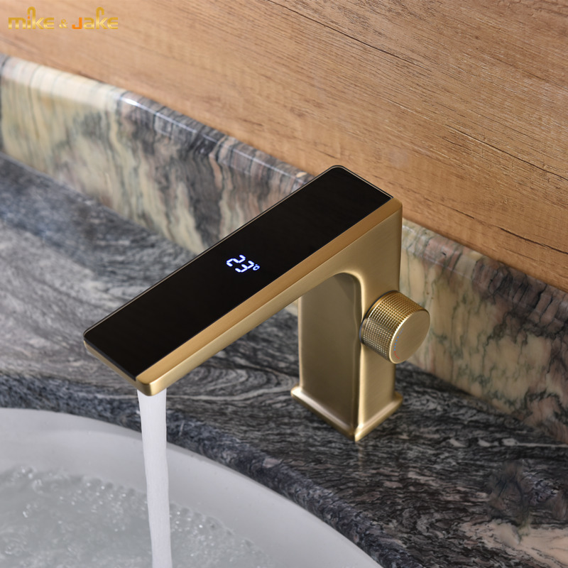 Digital Bathroom Brushed Gold Smart Display Temperature Hot And Cold Water Hand Operate Brass Commercial Washbasin Faucet