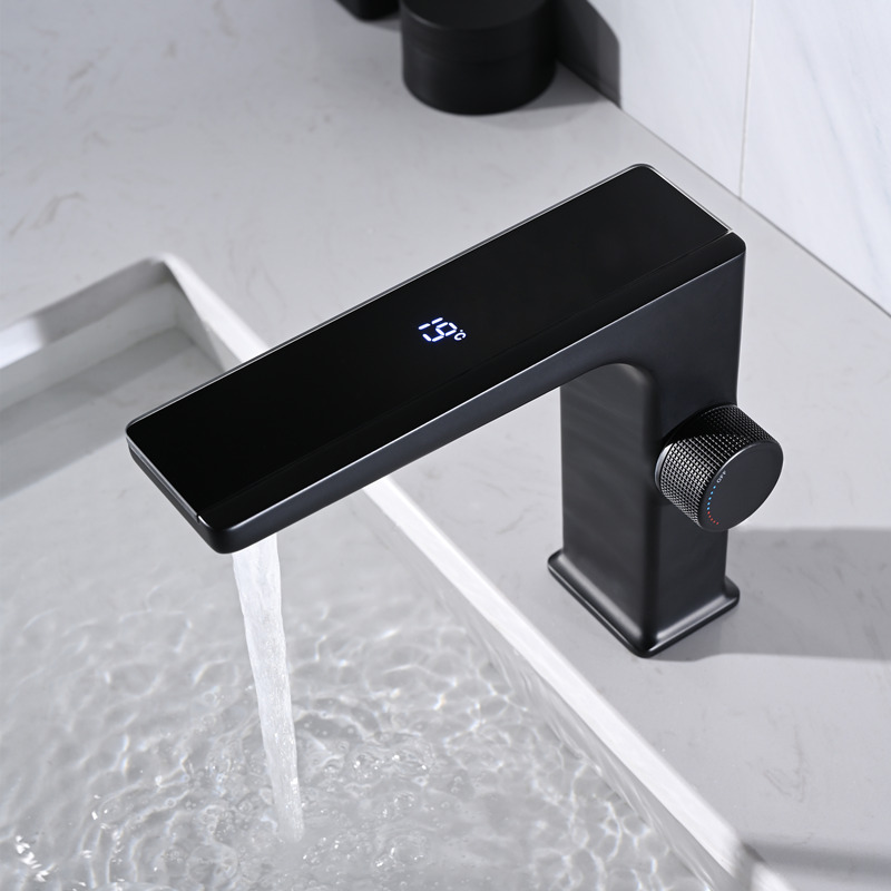 Digital Bathroom Brushed Gold Smart Display Temperature Hot And Cold Water Hand Operate Brass Commercial Washbasin Faucet