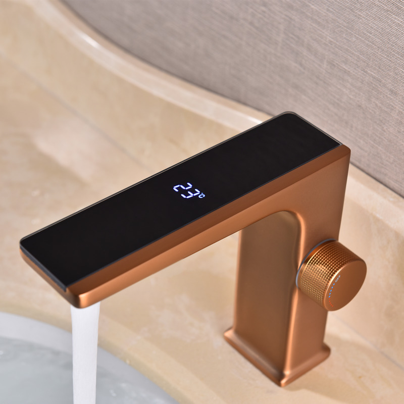 Digital Bathroom Brushed Gold Smart Display Temperature Hot And Cold Water Hand Operate Brass Commercial Washbasin Faucet