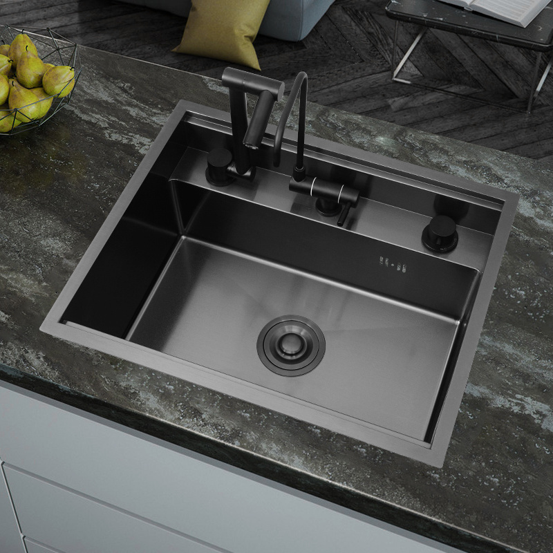 Black Nanometer 304 Stainless Steel Handmade Kitchen Bar Counter Sink Cover Hidden Single Small Size Kitchen Sink