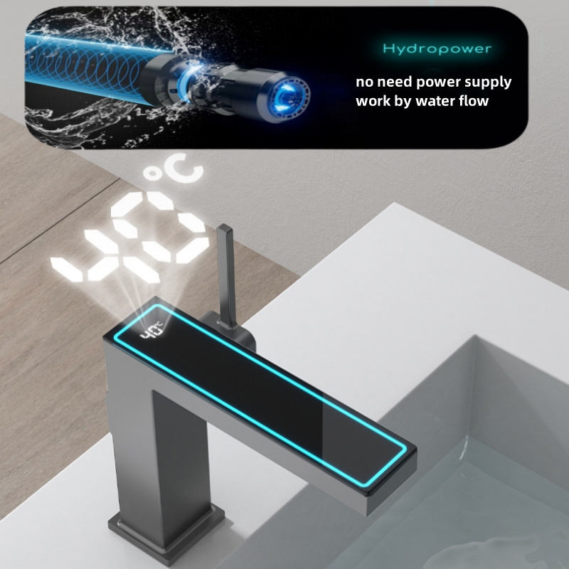 Atmosphere Light LED Digital Display Basin Faucet Deck Mounted Hydropower Hot Cold Water Waterfall Washbasin Sink Faucet