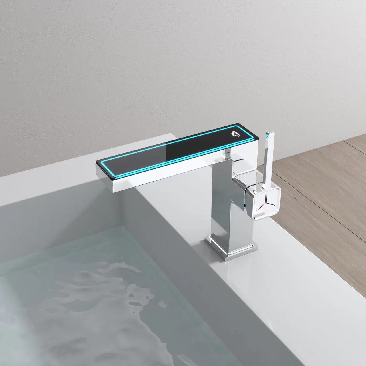 Atmosphere Light LED Digital Display Basin Faucet Deck Mounted Hydropower Hot Cold Water Waterfall Washbasin Sink Faucet