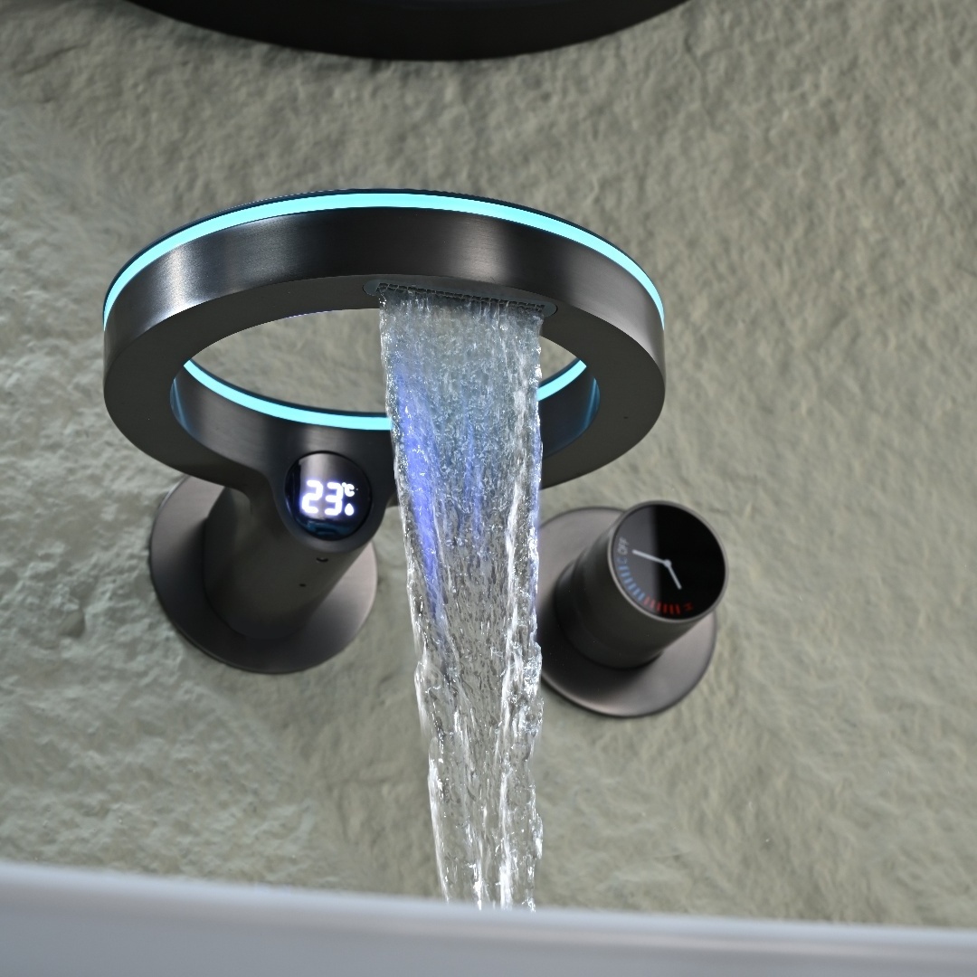 Embedded Wall Mounted Tempered Glass Surface Basin Faucet LED Luminous Edge Concealed Waterfall Bathroom Faucet