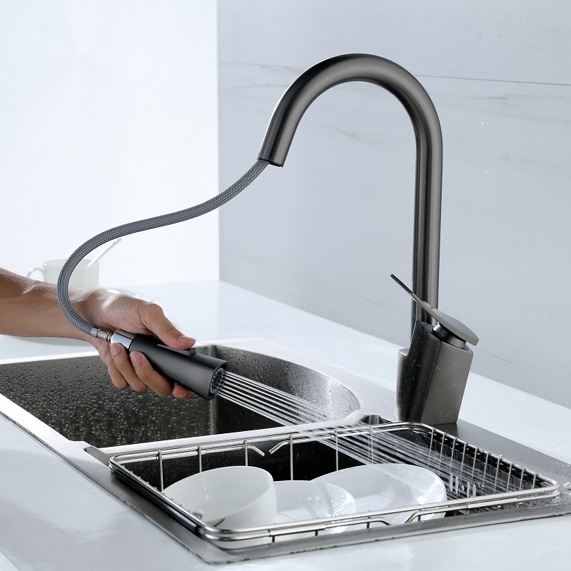 New Modern Gun Gray Brass Single Handle Kitchen Mixer Tap High End Pull Out Spray 2 Modes Flexible Kitchen Faucet