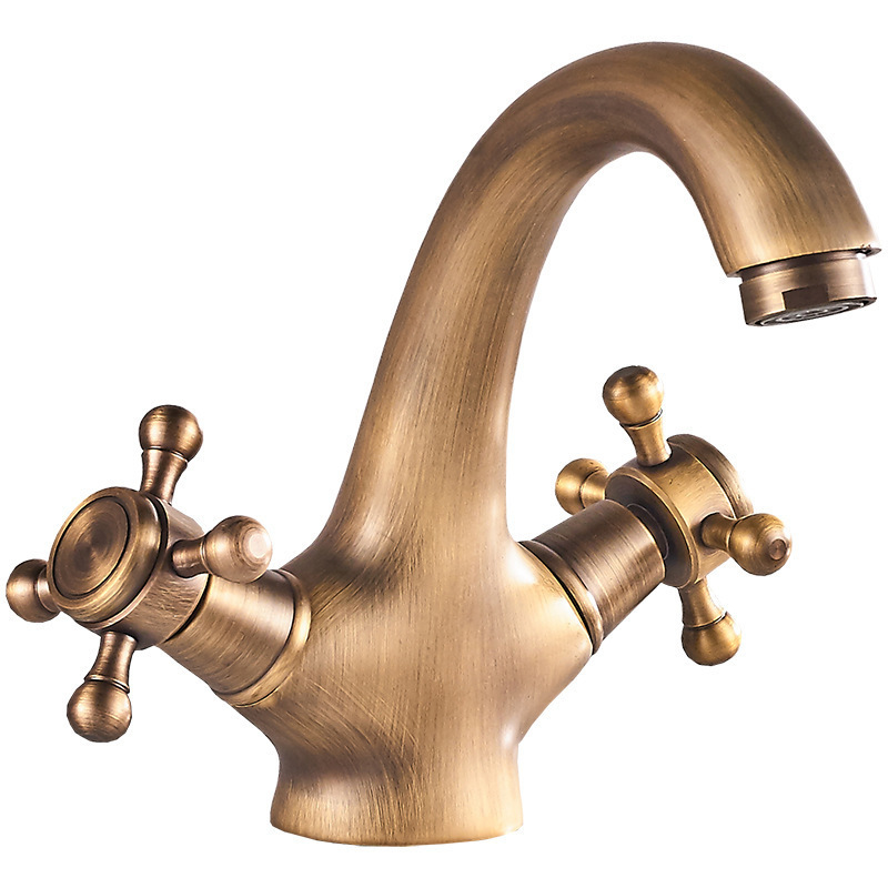 Dual Handle Gold color Bronze Brushed Crane Swan Neck Retro European Antique Rotate Basin Faucet Water Tap