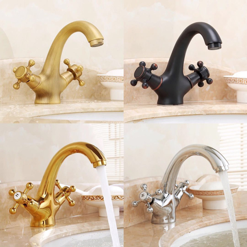 Dual Handle Gold color Bronze Brushed Crane Swan Neck Retro European Antique Rotate Basin Faucet Water Tap