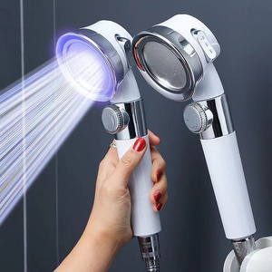 Portable Pressurized Water Saving Perforated Free Bracket Hose 3 Functions LED Light Handheld Massaging Shower Head