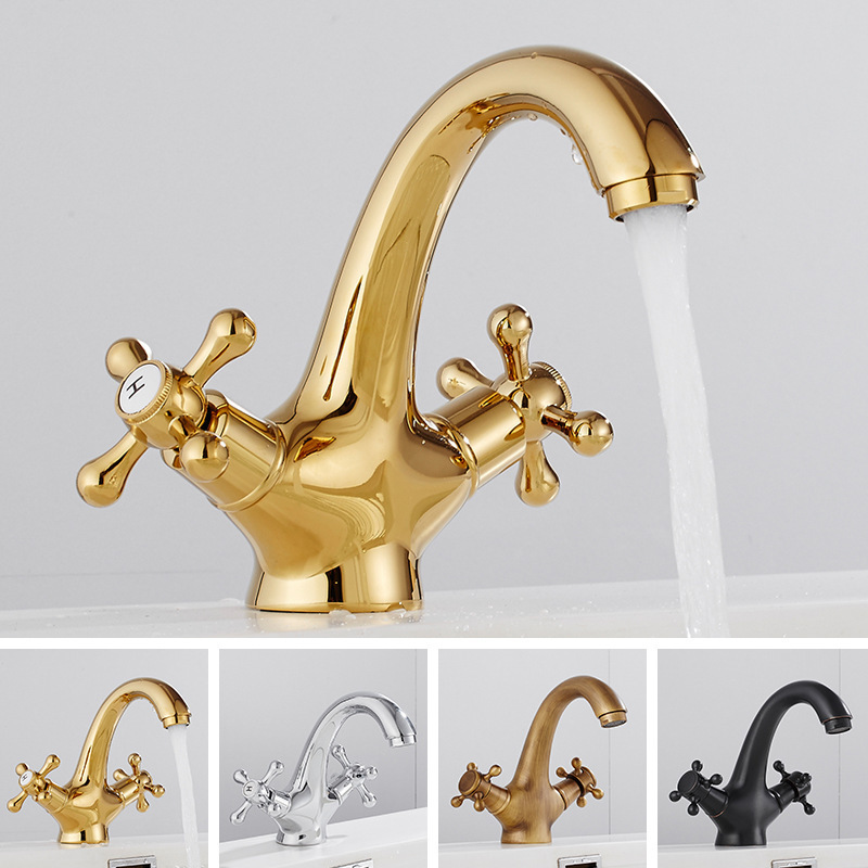 Dual Handle Gold color Bronze Brushed Crane Swan Neck Retro European Antique Rotate Basin Faucet Water Tap