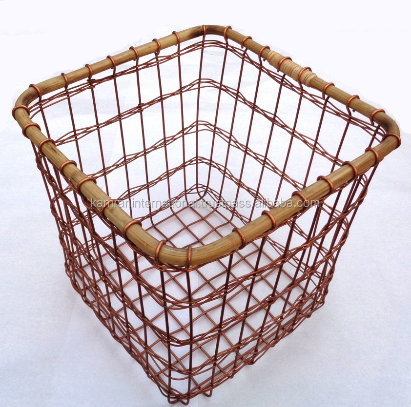 HOT SELLING SQUARE COPPER WIRE BAMBOO FRUIT VEGETABLE BASKET, COPPER WIRE STORAGE BASKETS