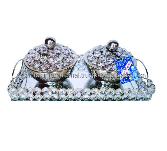 WEDDING DECORATION CRYSTAL BEADED SILVER SERVING TRAY WITH SET OF 2 CRYSTAL BEADED SERVING BOWLS