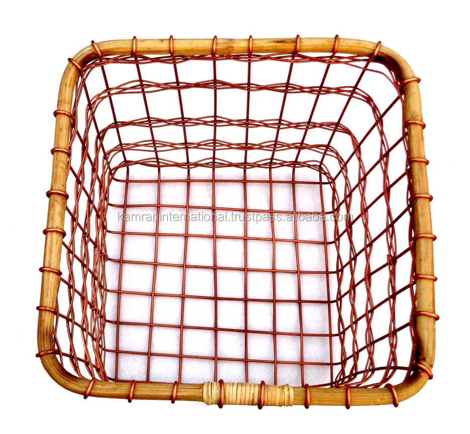 HOT SELLING SQUARE COPPER WIRE BAMBOO FRUIT VEGETABLE BASKET, COPPER WIRE STORAGE BASKETS